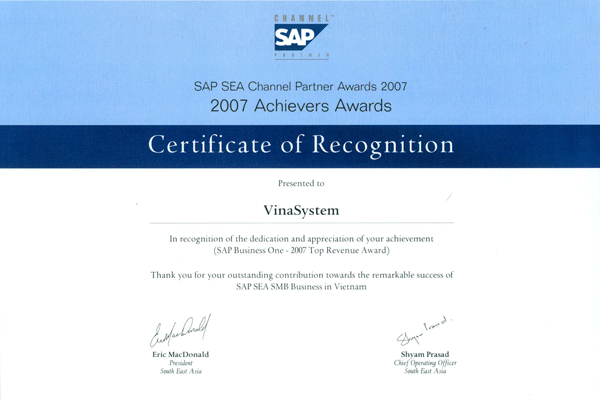 Được trao giải Đối tác SAP Business One xuất sắc nhất bởi SAP APJ.